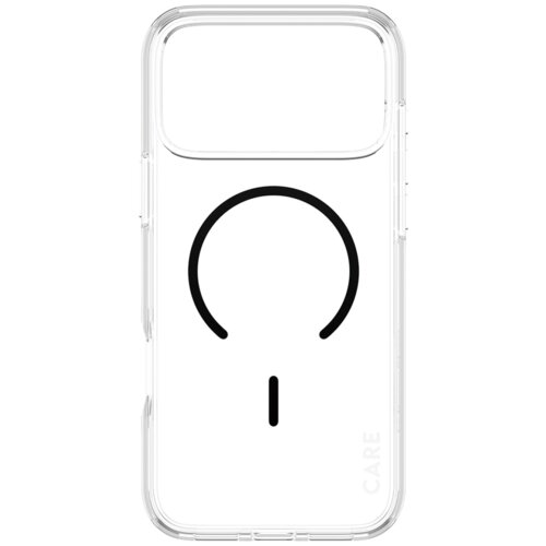Przezroczyste etui z czarnym okręgiem i pionową linią na środku, z napisem "CARE" w dolnym rogu. Produkt jest przeznaczony do Apple iPhone 17 Pro Max i posiada funkcję MagSafe.