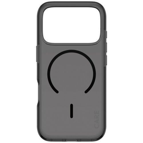 Przezroczysto-czarne etui z okrągłym wzorem i pionową linią na środku, z napisem "CARE" w dolnym rogu. Etui ma wycięcie na aparat w górnej części.