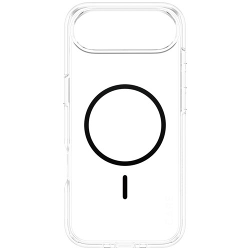 Przezroczyste etui na telefon z czarnym okręgiem i linią na środku, zaprojektowane do współpracy z MagSafe. Na dolnej części etui widoczny jest napis "CARE".