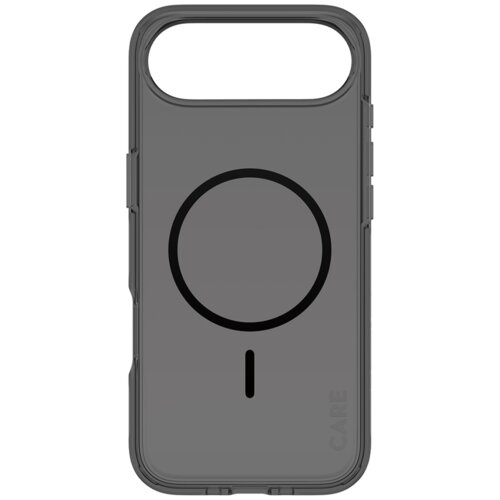 Przezroczysto-czarne etui z okrągłym wzorem i pionową linią na środku, z napisem "CARE" w dolnym rogu. Produkt ma wycięcie na aparat i jest kompatybilny z MagSafe.