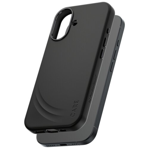 Czarne etui na telefon z wycięciem na aparat i przyciski boczne, z widocznymi napisami "CARE" oraz "by PanzerGlass". Produkt ma gładką powierzchnię z delikatnymi żłobieniami.