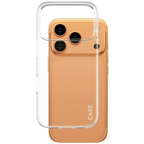 Przezroczyste etui na telefon z napisem "CARE" jest nałożone na pomarańczowy smartfon z trzema widocznymi obiektywami aparatu. Etui jest dopasowane do kształtu urządzenia, eksponując jego kolor i design.