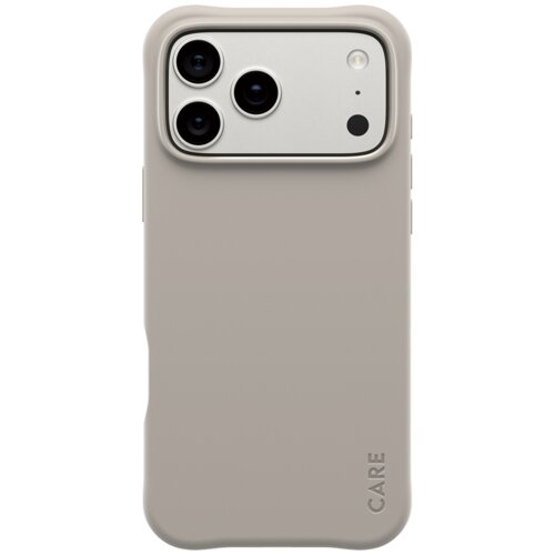Na zdjęciu widoczne jest waniliowe etui na telefon z trzema otworami na aparaty oraz napisem "CARE" w dolnym rogu. Etui ma gładką powierzchnię i zaokrąglone krawędzie.