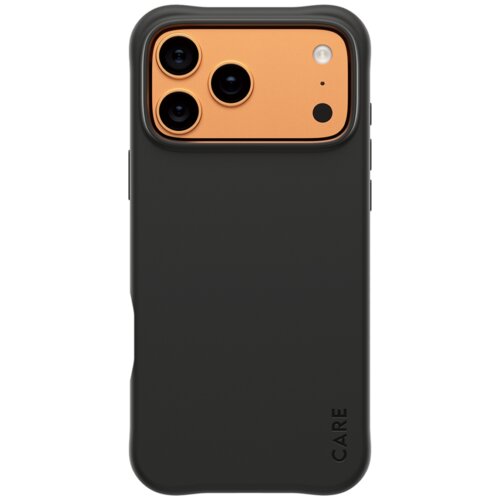 Czarne etui na telefon z trzema wycięciami na aparaty i napisem "CARE" w dolnej części. Aparaty i lampa błyskowa są umieszczone na pomarańczowym tle.