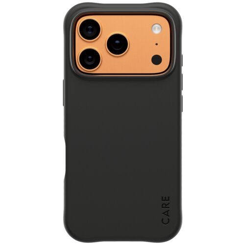 Czarne etui na telefon z trzema widocznymi otworami na aparaty oraz napisem "CARE" w dolnej części. Etui ma gładką powierzchnię i zaokrąglone krawędzie.