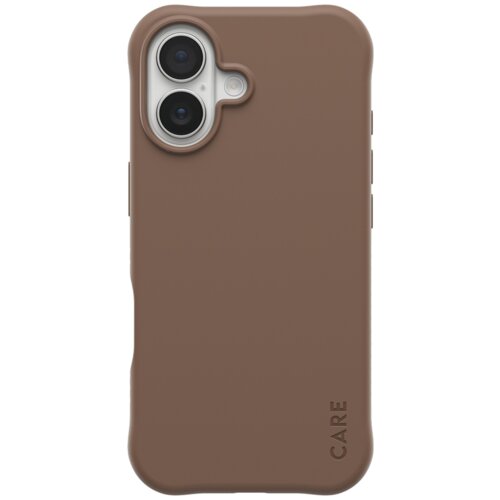 Brązowe etui na telefon z dwoma wycięciami na aparaty fotograficzne, z napisem "CARE" w dolnej części. Produkt ma zaokrąglone krawędzie i gładką powierzchnię.