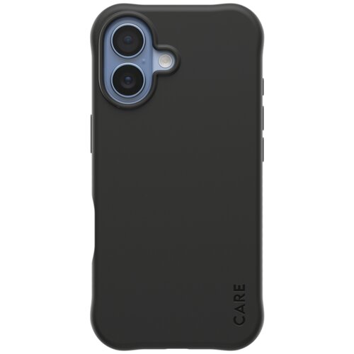 Czarne etui na telefon z dwoma wycięciami na aparaty i napisem "CARE" w dolnej części. Etui ma zaokrąglone krawędzie i jest przeznaczone do urządzeń z funkcją MagSafe.