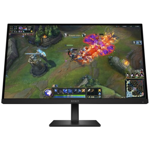 Monitor wyświetla grę komputerową z widoczną akcją na polu bitwy, z tekstem "Enemy slain" na ekranie. Na dolnej ramce monitora znajduje się logo "OMEN".