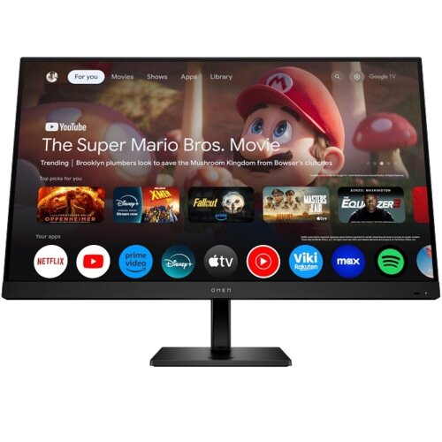 Monitor wyświetla ekran z interfejsem aplikacji do strumieniowania, z widocznym tytułem "The Super Mario Bros. Movie" oraz ikonami aplikacji takimi jak Netflix, YouTube, Prime Video, Disney+, Apple TV, Viki Rakuten, Max i Spotify. Na dolnej ramce monitora