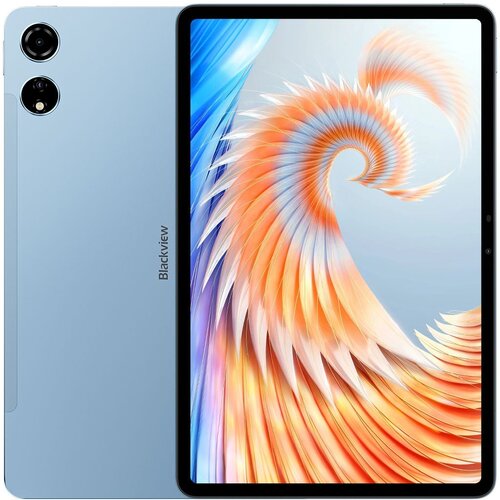 Na zdjęciu widoczny jest niebieski tablet z dużym ekranem, na którym wyświetlany jest kolorowy, abstrakcyjny wzór przypominający spiralę. Na obudowie tabletu znajduje się napis "Blackview".
