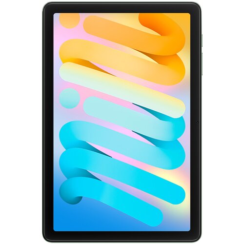 Tablet z czarną ramką wyświetla kolorową grafikę z abstrakcyjnymi, zakrzywionymi kształtami w odcieniach pomarańczowego, żółtego i niebieskiego na jasnym tle. Na ekranie nie ma widocznego tekstu ani logo.