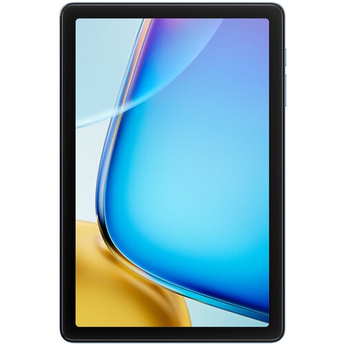 Tablet z czarną ramką wyświetla abstrakcyjny obraz w odcieniach niebieskiego i żółtego. Na ekranie nie ma widocznego tekstu ani logo.