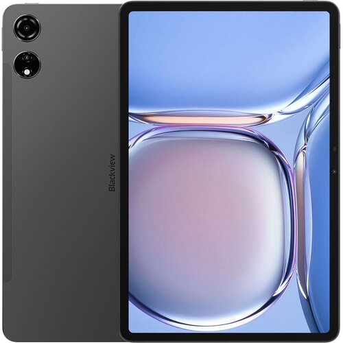 Tablet w kolorze szarym z dużym ekranem, na którym widoczna jest abstrakcyjna grafika w odcieniach niebieskiego i różowego. Na tylnej obudowie znajduje się logo "Blackview" oraz dwa obiektywy aparatu.