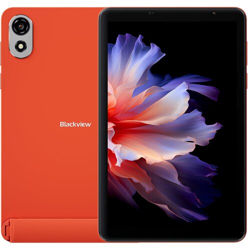 Pomarańczowy tablet z widocznym logo "Blackview" na tylnej obudowie oraz ekranem wyświetlającym kolorowy, abstrakcyjny wzór przypominający kwiat. Na tylnej obudowie znajduje się również aparat z pojedynczym obiektywem i lampą błyskową.