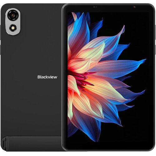 Na zdjęciu widoczny jest czarny tablet z logo "Blackview" na tylnej obudowie oraz wyświetlaczem prezentującym kolorowy, abstrakcyjny wzór przypominający kwiat. Tablet ma pojedynczy aparat z lampą błyskową na tylnej obudowie.