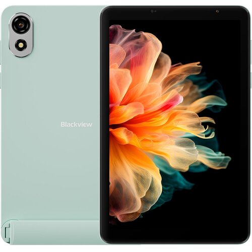 Na zdjęciu widoczny jest zielony tablet z wyświetlaczem prezentującym kolorowy, abstrakcyjny wzór przypominający kwiat. Na obudowie tabletu znajduje się logo "Blackview".