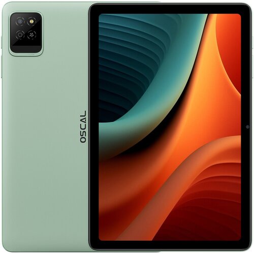 Zielony tablet z widocznym logo "OSCAL" na tylnej obudowie oraz ekranem wyświetlającym abstrakcyjny wzór w odcieniach pomarańczowego i niebieskiego. W lewym górnym rogu tylnej obudowy znajduje się moduł aparatu z trzema obiektywami i lampą błyskową.