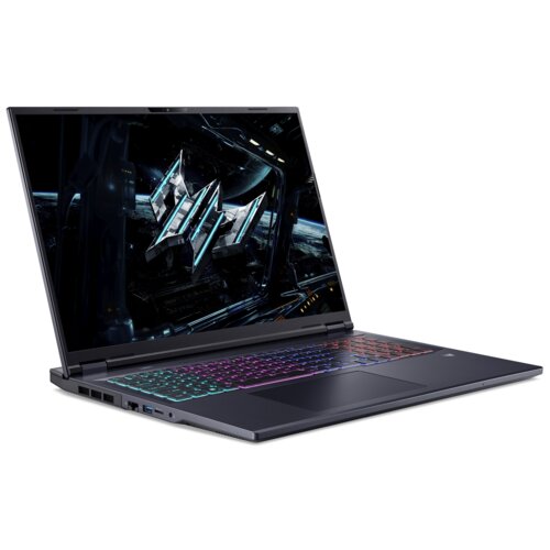 Laptop z dużym ekranem wyświetlającym futurystyczną grafikę, z podświetlaną klawiaturą w różnych kolorach. Na obudowie widoczne jest logo producenta.