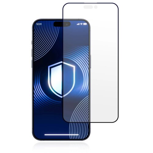 Na zdjęciu widoczny jest smartfon z nałożonym szkłem ochronnym, na ekranie którego wyświetlany jest niebieski wzór z białymi okręgami i ikoną tarczy. Szkło ochronne jest przezroczyste i dopasowane do kształtu ekranu.