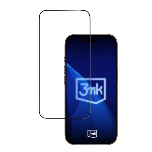 Na zdjęciu widoczny jest telefon z nałożonym szkłem hartowanym, na ekranie którego znajduje się logo "3mk" na niebieskim tle. Szkło hartowane ma czarną ramkę, a na dole ekranu telefonu widoczne jest ponownie logo "3mk".