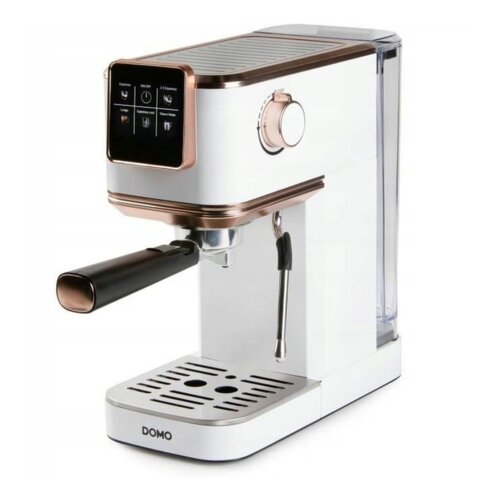 Biały ekspres do kawy z miedzianymi akcentami, posiada panel sterowania z ikonami: "Lungo", "Espresso", "2 Espresso", "Steam/Water". Na podstawie urządzenia widnieje napis "DOMO".