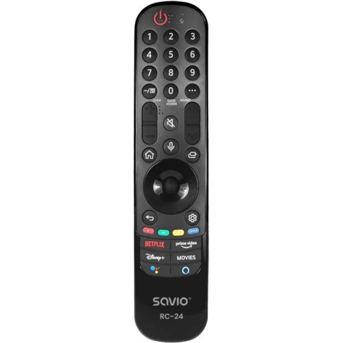 Czarny pilot uniwersalny z przyciskami numerycznymi, przyciskami funkcyjnymi oraz dedykowanymi przyciskami do aplikacji takich jak Netflix, Prime Video, Disney+ i Movies. Na dole pilota znajduje się logo "SAVIO" oraz oznaczenie modelu "RC-24".