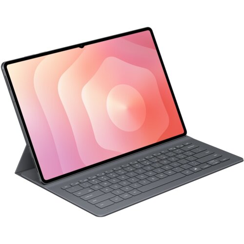 Etui na Galaxy Tab S11 Ultra SAMSUNG Book Cover Slim w kolorze czarnym z klawiaturą, prezentuje tablet z wyświetlaczem o gradientowym tle w odcieniach różu i pomarańczu. Klawiatura jest pełnowymiarowa, z widocznymi klawiszami funkcyjnymi i alfanumerycznym