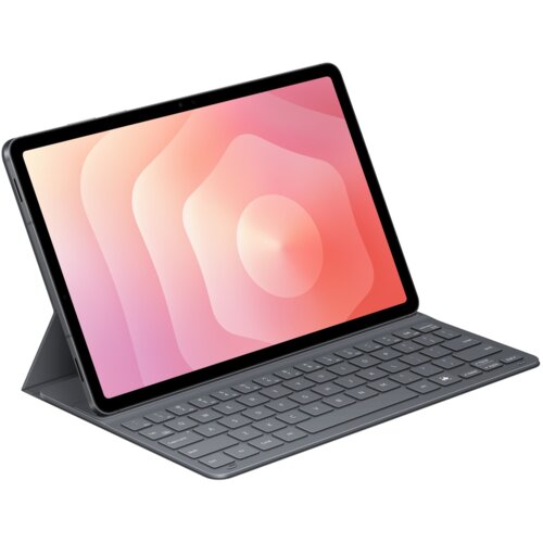 Tablet z czarną klawiaturą w etui, wyświetlający gradientowy ekran w odcieniach różu i pomarańczu. Klawiatura jest pełnowymiarowa z widocznymi klawiszami.