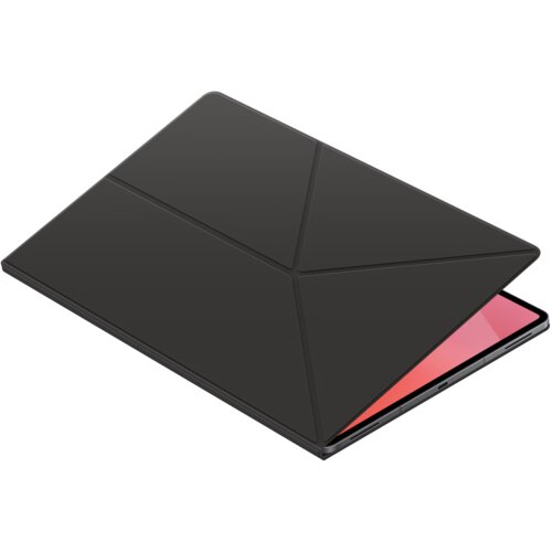 Czarne etui na tablet z widocznymi geometrycznymi liniami na powierzchni, częściowo otwarte, ukazujące fragment ekranu urządzenia z różowym tłem. Produkt jest przeznaczony dla Galaxy Tab S11 Ultra.