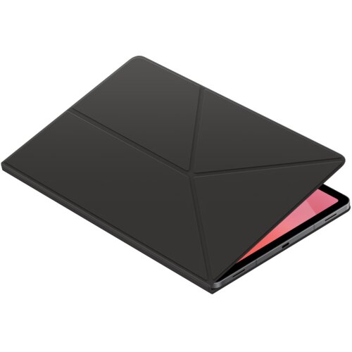 Czarne etui na tablet z widocznymi liniami podziału na okładce, częściowo otwarte, ukazujące fragment urządzenia z ekranem. Na ekranie widoczny jest czerwony gradient.