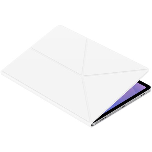 Białe etui na tablet z widocznymi geometrycznymi liniami na powierzchni, częściowo otwarte, ukazujące fragment ekranu urządzenia z fioletowym tłem. Produkt jest przeznaczony dla Galaxy Tab S11.
