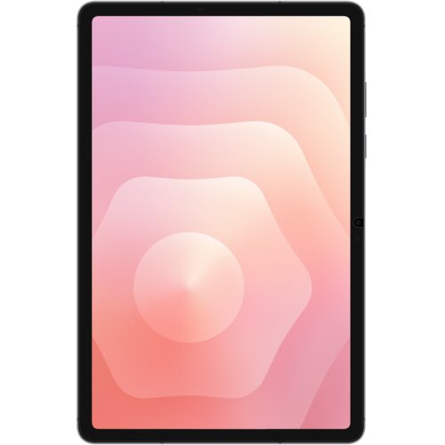Na zdjęciu widoczny jest tablet z wyświetlaczem, na którym znajduje się abstrakcyjna grafika w odcieniach różu i pomarańczu, przypominająca koncentryczne fale. Brak widocznego tekstu lub logo.