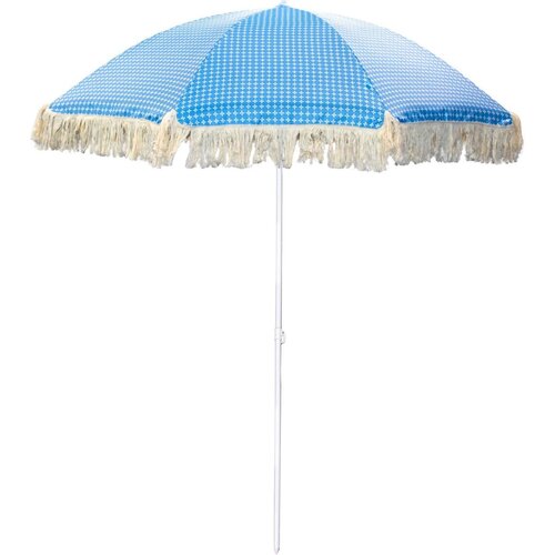 Niebieski parasol ogrodowy z białym wzorem w kratkę, ozdobiony frędzlami na krawędziach, zamocowany na białym stelażu. Produkt to "Parasol ogrodowy PROBEACH 1073774 Niebieski".