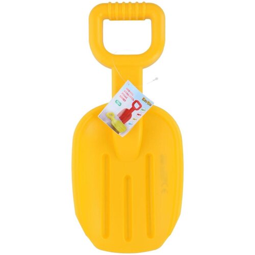 Żółta plastikowa łopatka do piasku z dużym uchwytem, na której zawieszona jest etykieta z napisem "Zabawka łopatka do piasku EDDY TOYS Jumbo 1074283 Żółty". Etykieta przedstawia również zdjęcie czerwonej łopatki i żółtej foremki.