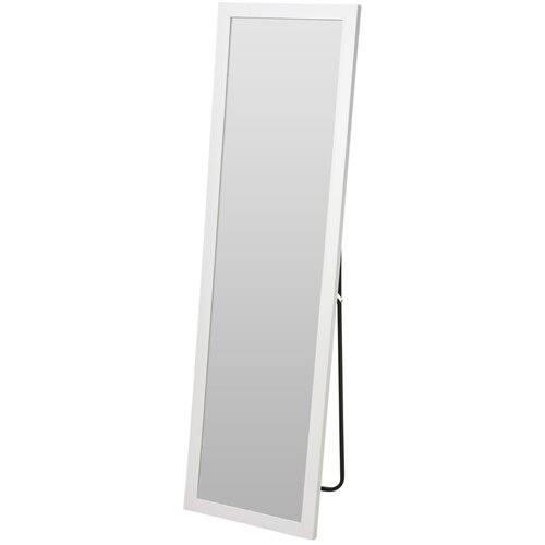 Białe, prostokątne lustro stojące o wymiarach 25 x 125 cm z widocznym czarnym stojakiem z tyłu. Lustro ma prostą, elegancką ramę.