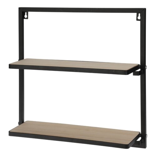 Dwupoziomowa półka kuchenna z metalowym stelażem i drewnianymi półkami, przeznaczona do montażu na ścianie. Produkt ma prosty, industrialny design.