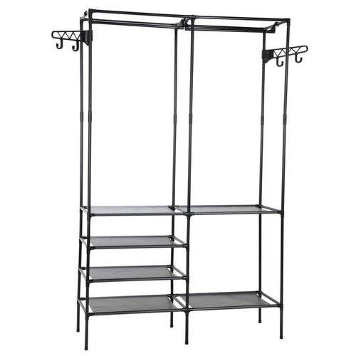 Czarna garderoba na ubrania z metalowym stelażem, posiadająca kilka półek oraz dwa wieszaki z haczykami po bokach. Produkt ma wymiary 108 x 36 x 170 cm.