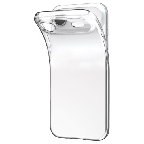 Przezroczyste etui na telefon, wykonane z cienkiego materiału, ukazane jest w pozycji lekko odchylonej, co pozwala zobaczyć jego elastyczność i otwory na aparat oraz przyciski. Produkt jest przeznaczony do modelu Apple iPhone Air.
