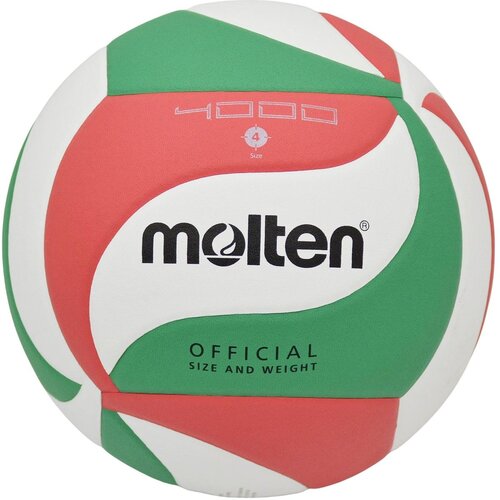 Piłka siatkowa w kolorach zielonym, czerwonym i białym z widocznym logo "molten" oraz napisem "OFFICIAL SIZE AND WEIGHT". Na piłce znajduje się również oznaczenie "4000" i "Size 4".
