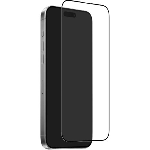 Przezroczyste szkło hartowane jest umieszczone przed smartfonem, ukazując jego krawędzie i przyciski boczne. Produkt jest przeznaczony do modelu Apple iPhone 17.