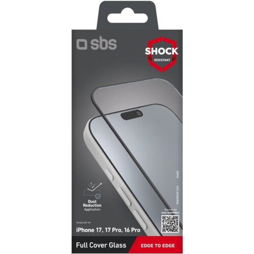 Opakowanie produktu z logo "sbs" i napisem "SHOCK RESISTANT" w czerwonym sześciokącie, przedstawia szkło hartowane na telefon z widocznymi przyciskami bocznymi. Na opakowaniu znajdują się napisy: "Dust Reduction Application", "Designed for iPhone 17, 17 P