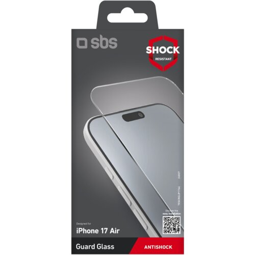 Opakowanie produktu z napisem "sbs" i "SHOCK RESISTANT" przedstawia szkło hartowane na telefon, z widocznym obrazem telefonu i szkła ochronnego. Na dole opakowania znajduje się napis "Designed for iPhone 17 Air Guard Glass" oraz czerwony pasek z napisem "