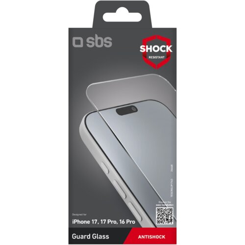 Opakowanie produktu z logo "sbs" i napisem "SHOCK RESISTANT" w czerwonym sześciokącie, przedstawia szkło hartowane na telefon z widocznym ekranem i przyciskami bocznymi. Na dole opakowania znajduje się napis "Designed for iPhone 17, 17 Pro, 16 Pro" oraz "