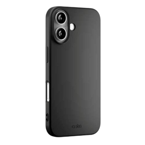 Czarne etui na telefon z dwoma otworami na aparat i logo "sbs" na dole. Etui ma gładką powierzchnię i wycięcia na przyciski boczne.