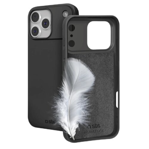 Czarne etui na telefon z trzema otworami na aparaty, obok którego znajduje się pióro. Na etui widoczne jest logo "sbs" oraz napis "INSTINCT CASE".