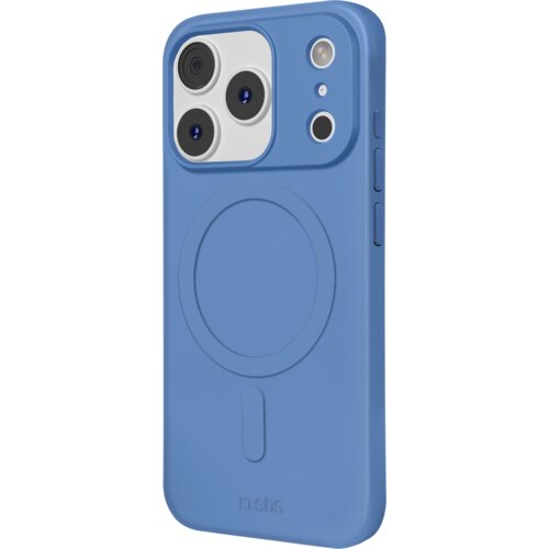 Niebieskie etui na telefon z trzema wycięciami na aparaty oraz okrągłym wzorem na środku, z widocznym logo "sbs" na dole. Po bokach znajdują się przyciski, a powierzchnia etui jest gładka.
