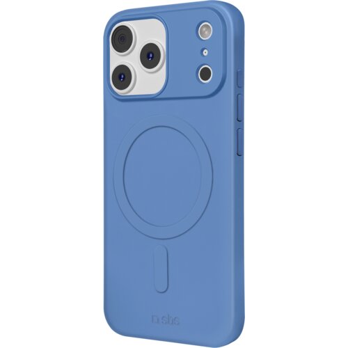 Niebieskie etui na telefon z trzema otworami na aparaty i dodatkowymi otworami na lampę błyskową oraz mikrofon, posiada okrągłe wyżłobienie na środku i logo "sbs" na dole. Po bokach widoczne są przyciski do regulacji głośności.