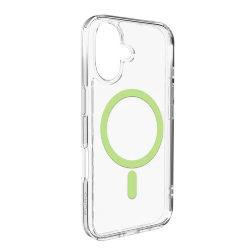 Przezroczyste etui na telefon z zielonym okręgiem i pionowym paskiem na środku, z widocznym napisem "PURO" na boku. Etui ma wycięcia na aparat i przyciski.