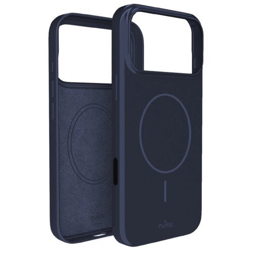 Ciemnoniebieskie etui do telefonu z widocznym okrągłym wzorem na tylnej części, przeznaczone dla modelu Apple iPhone 17 Pro Max. Na etui znajduje się logo "PURO".