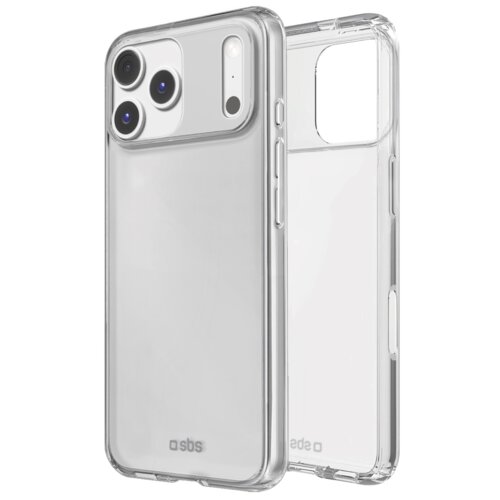Przezroczyste etui na telefon z trzema otworami na aparaty i jednym na lampę błyskową, z widocznym logo "sbs" na dolnej części. Etui jest zaprezentowane z przodu i z tyłu, ukazując jego smukły design.